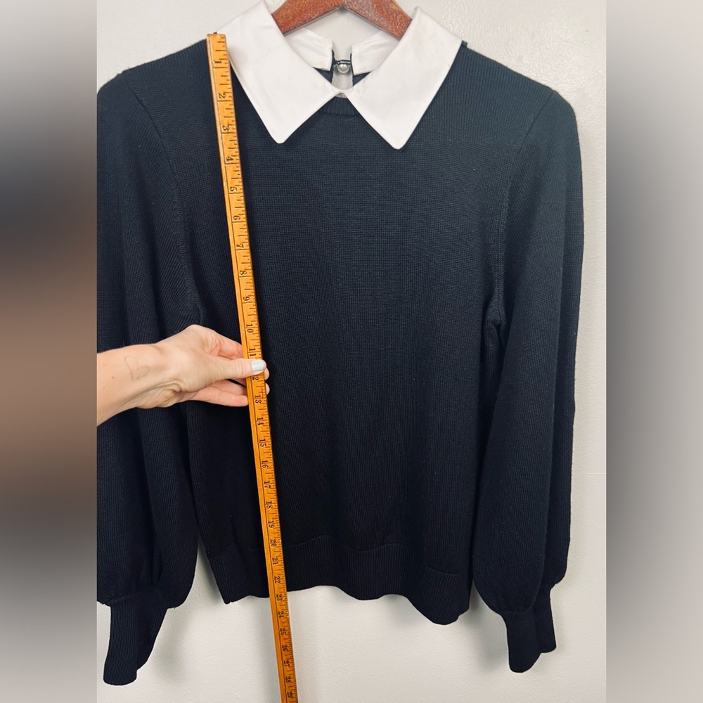 Kate Spade Black Wool Knit Top – White Mock Collar Preppy Sweater – Classic - M - Picture 7 of 10